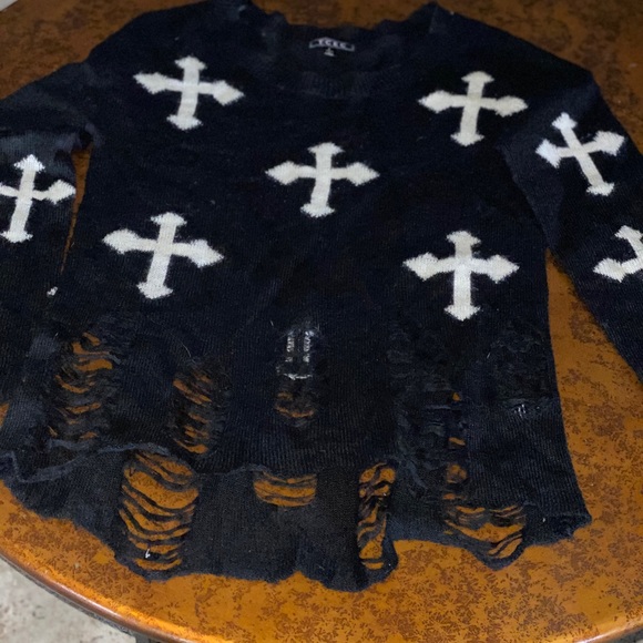 COPY - TCEC distressed black sweater with white crosses L - Picture 1 of 13